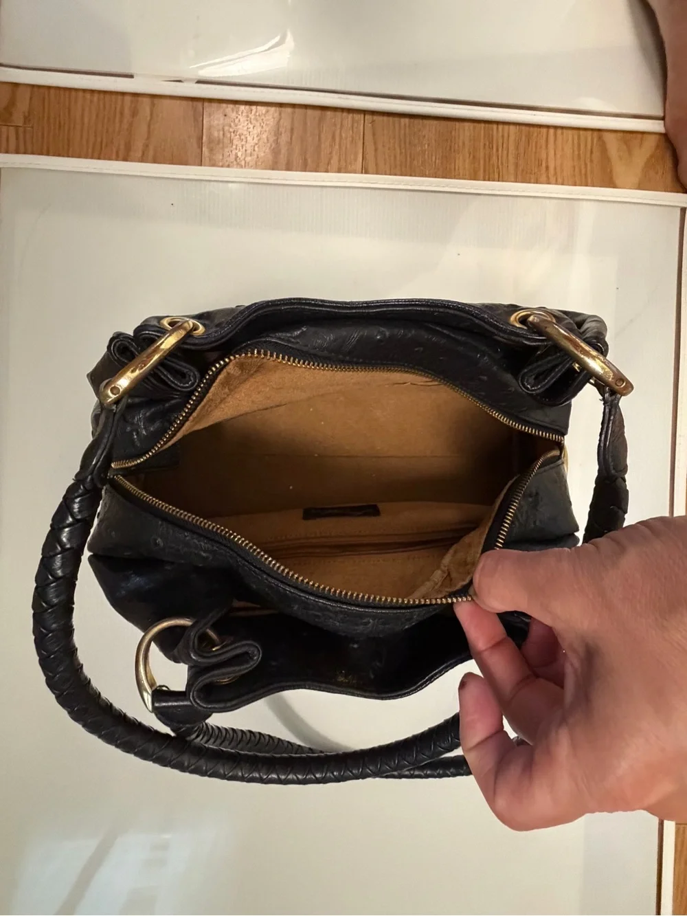 Isabella Adam’s Black Shoulder Bag with Gold Hardware - Embossed Texture